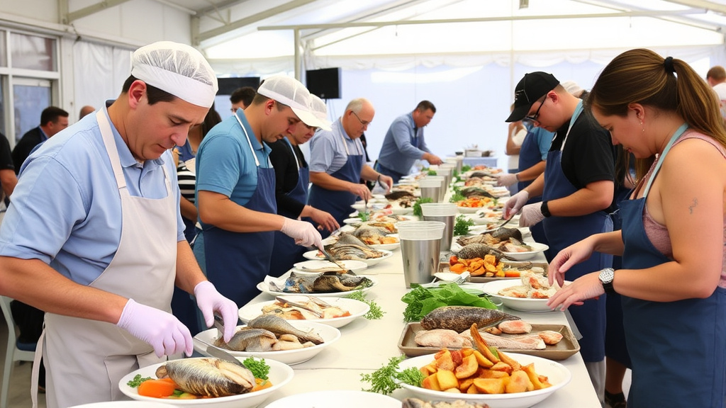 Participants demonstrating seafood culinary skills