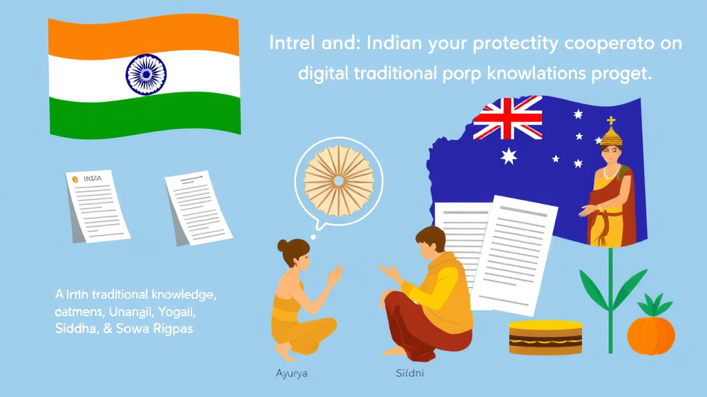 Traditional knowledge database and patent examination concept illustrating an India-Australia intellectual property cooperation agreement.