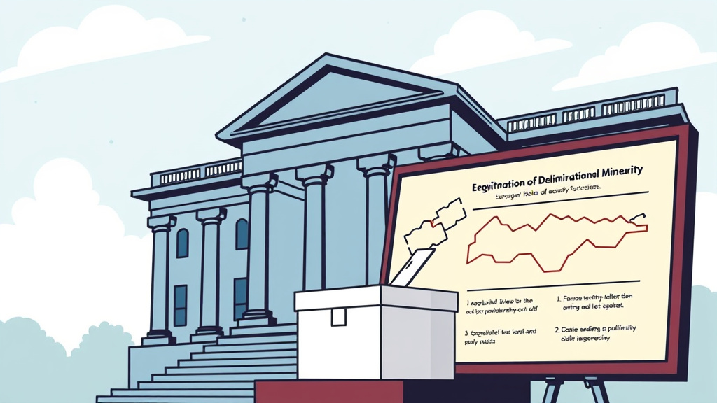 Illustration of a legislative building with a ballot box and boundary lines on a display board, representing constitutional delimitation and parliamentary majority requirements.