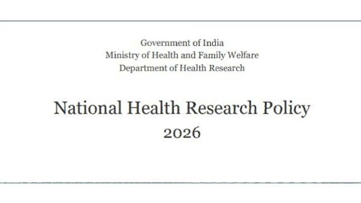 Draft National Health Research Policy document beside medical research symbols and laboratory tools.