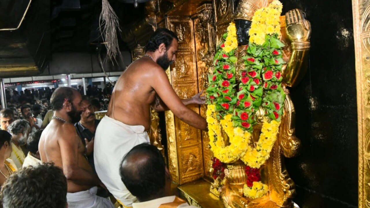 Sabarimala temple complex with a sealed evidence file and gold-plated temple panel beside a courthouse setting