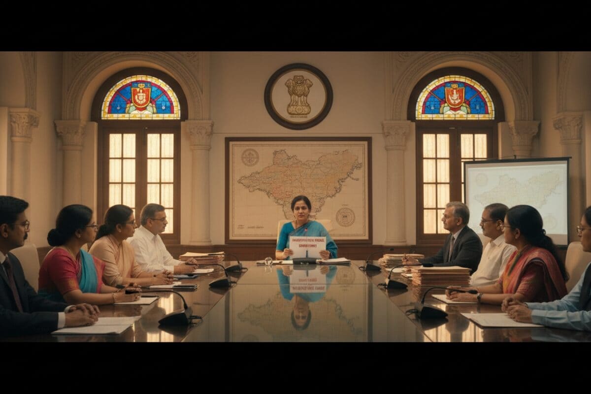 A government meeting room with a file on Scheduled Tribe welfare and a constitutional book on a table.