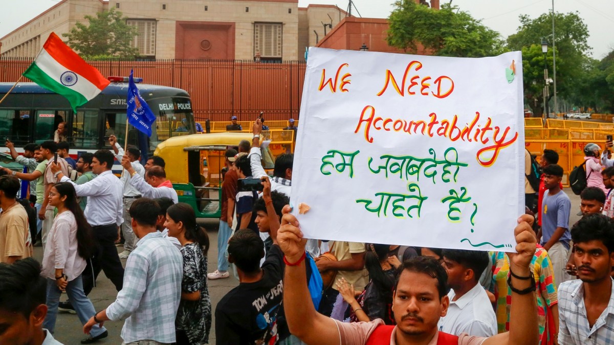 A barricaded road near the Parliament complex in Delhi during a protest response operation.
