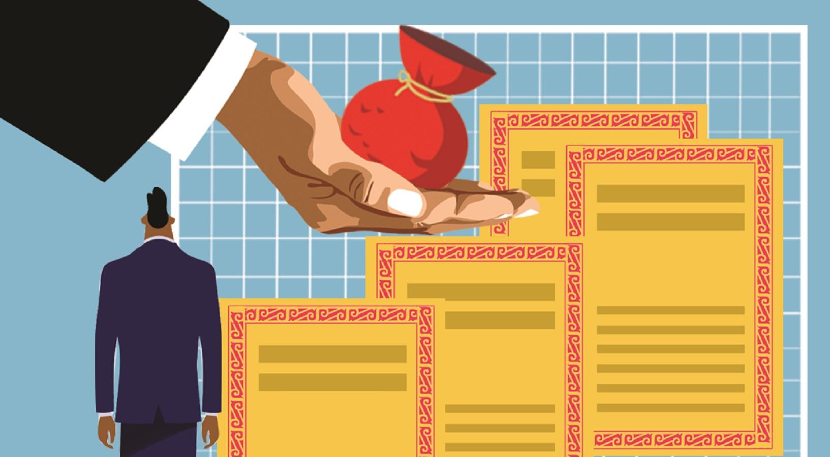 Illustration of government securities ledger and tax documents beside a parliamentary building