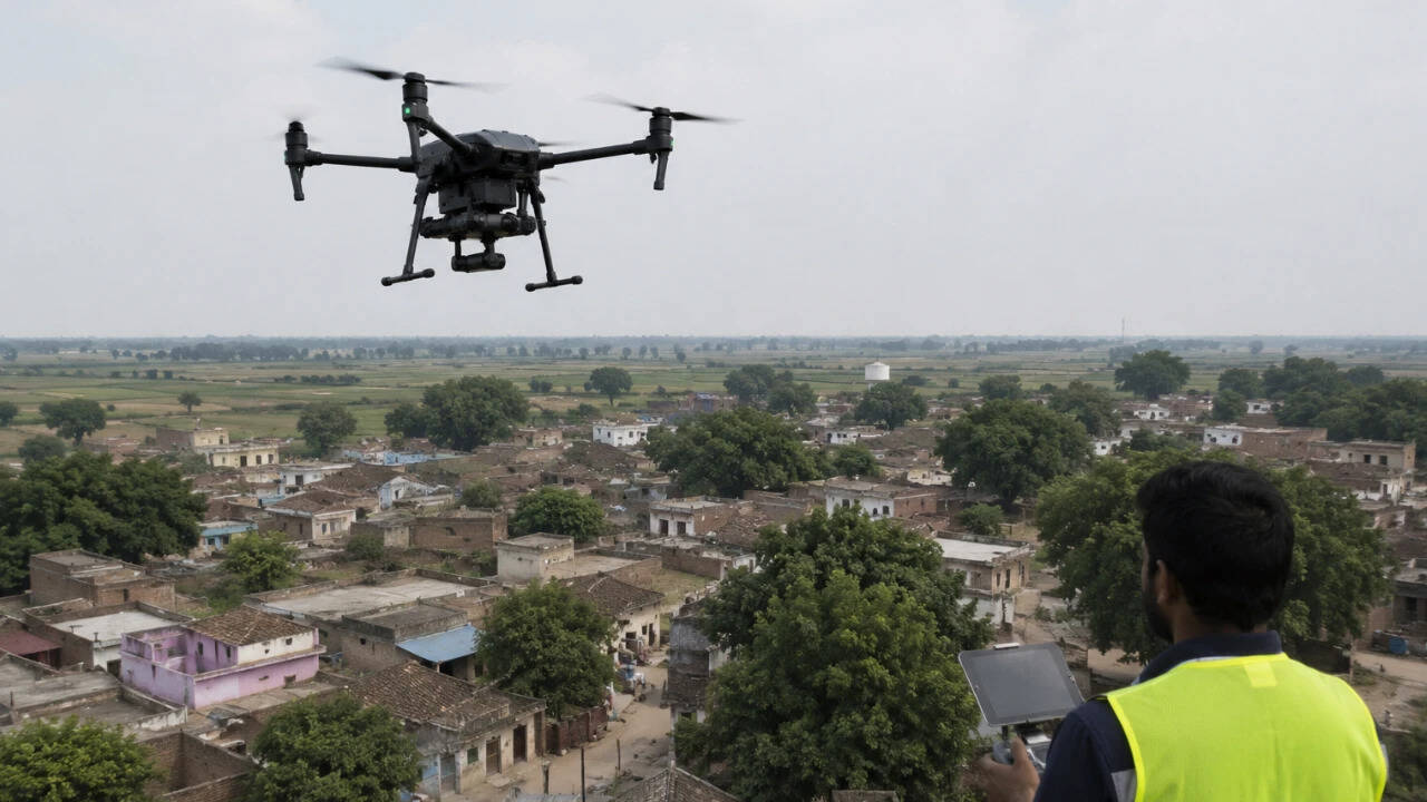 Drone survey equipment and village property records used for rural land mapping under the SVAMITVA Scheme