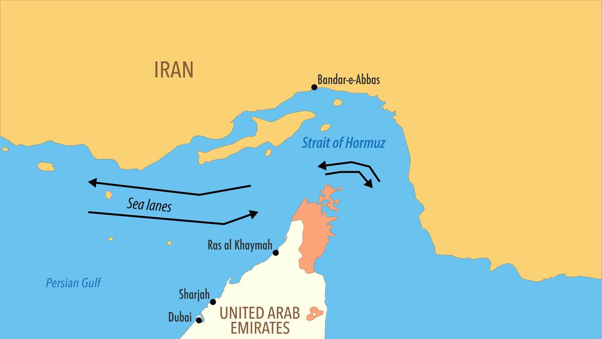Map-style illustration of West Asia showing Iran, the Strait of Hormuz, and nearby regional states.